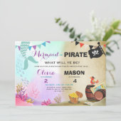 Piraat of zeemeermin uitnodiging verjaardag Broers (Staand voorkant)