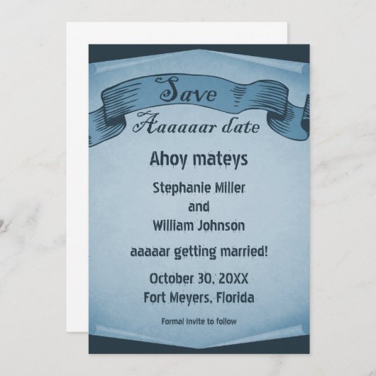Piraat Rol Save the Date Uitnodiging, Blauw Kaart (Voorkant / Achterkant)