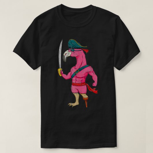 piraat roze flamingo met zwaard halloween t-shirt (Design voorkant)