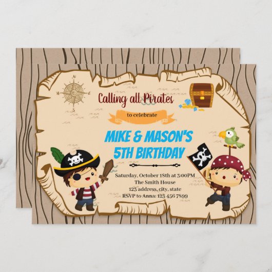 Piraat tweeling verjaardagsuitnodiging kaart (Voorkant / Achterkant)