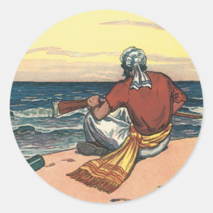 Piraat uit de oude tijd, gestrand op een onbewoond ronde sticker