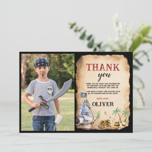 Piraat verjaardagsfeestje foto dank je kaart (Staand voorkant)