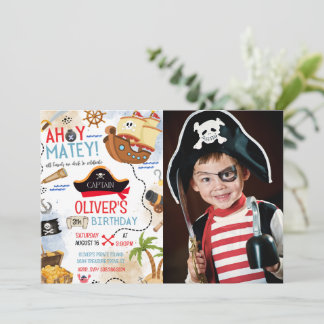 Piraat verjaardagsuitnodiging Ahoy Matey met foto Kaart