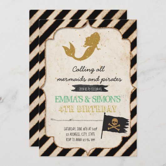 Piraat Zeemeermin Uitnodiging (Voorkant / Achterkant)