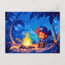 Piraat Zittend bij een kampvuur onder Palmen