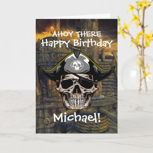 Piraat Zwaardvechtende Schedel Verjaardag Kaart (Gele Bloem)