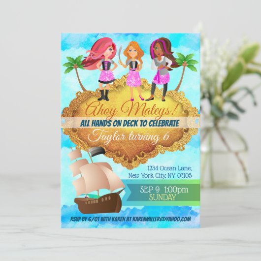 Piraatmeisjes verjaardagsuitnodigingen kaart (Staand voorkant)