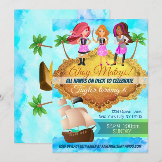 Piraatmeisjes verjaardagsuitnodigingen kaart (Voorkant / Achterkant)