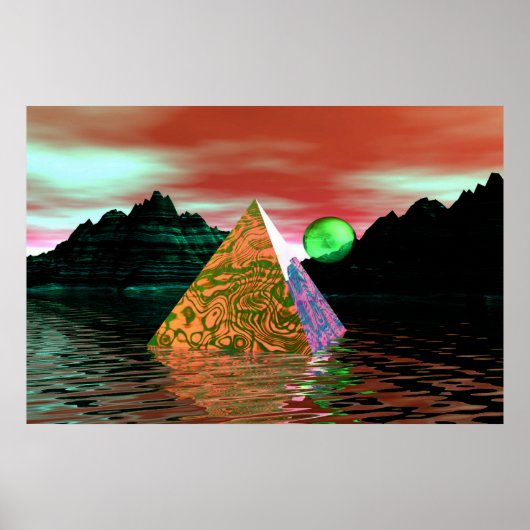 piramide in water met groene zon poster (Voorkant)