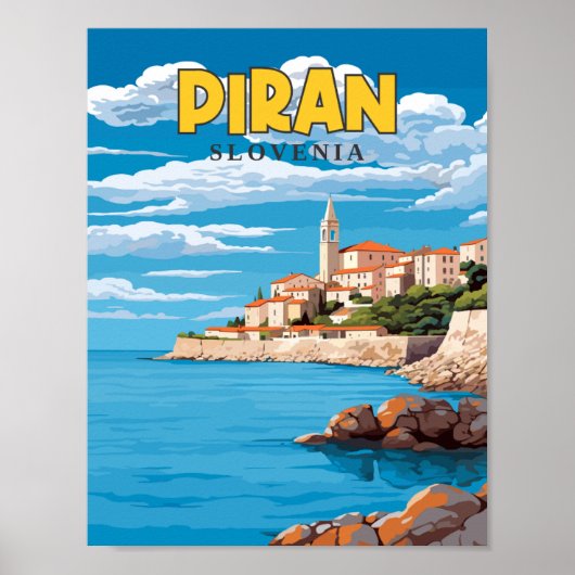Piran Slovenië vintage reisillustratie Poster (Voorkant)