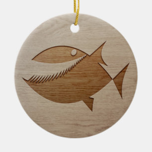 Piranha silhouette, gegraveerd op houten ontwerpen keramisch ornament