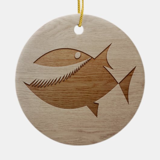 Piranha silhouette, gegraveerd op houten ontwerpen keramisch ornament (Voorkant)