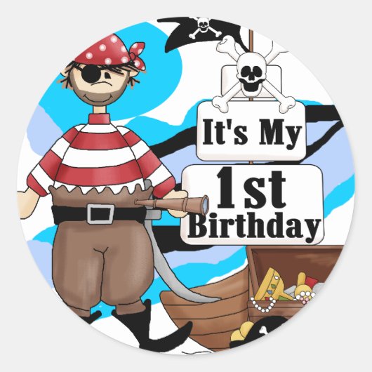 Pirate 1e verjaardag T-shirts en geschenken Ronde Sticker (Voorkant)