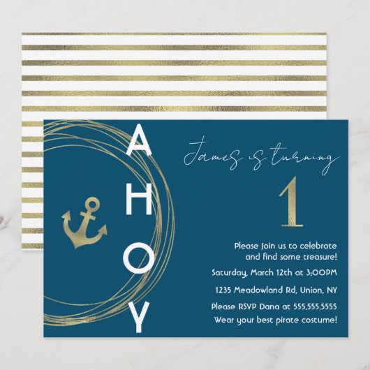 Pirate 1st Birthday Faux Gold Anchor Nautical Kaart (Voorkant / Achterkant)