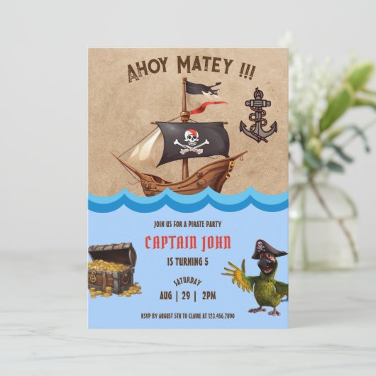 Pirate 5e Verjaardag Feest Uitnodigingen (Staand voorkant)