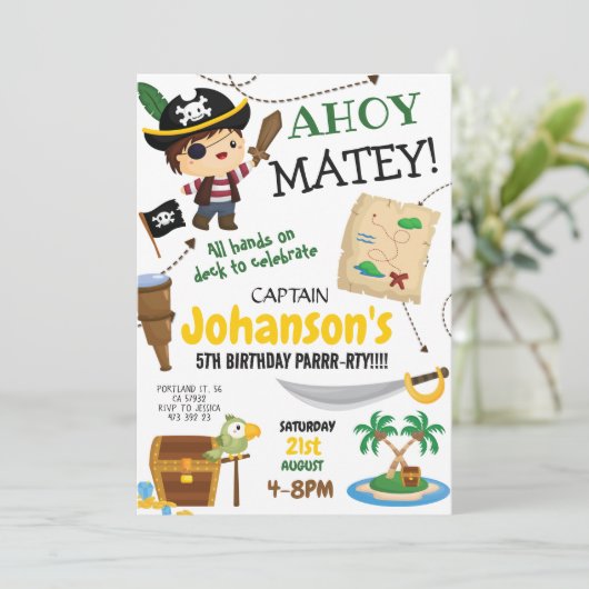 Pirate Ahoy Jongen Verjaardagsfeestuitnodiging Kaart (Staand voorkant)