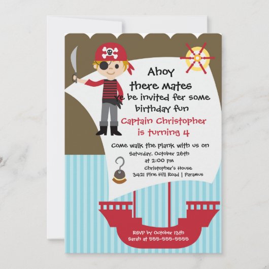 Pirate Ahoy Mates Birthday Party Invitation Boy Kaart (Voorkant)