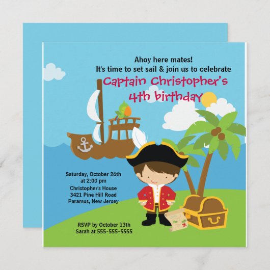 Pirate Ahoy Mates Birthday Party Invitation Boy Kaart (Voorkant / Achterkant)