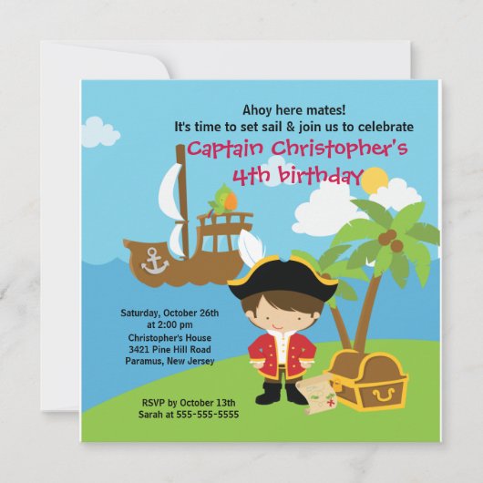Pirate Ahoy Mates Birthday Party Invitation Boy Kaart (Voorkant)