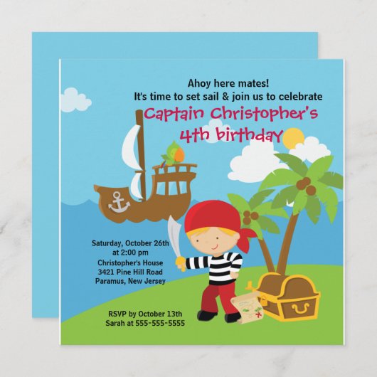 Pirate Ahoy Mates Birthday Party Invitation Boy Kaart (Voorkant / Achterkant)