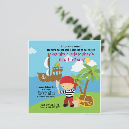 Pirate Ahoy Mates Birthday Party Invitation Boy Kaart (Staand voorkant)