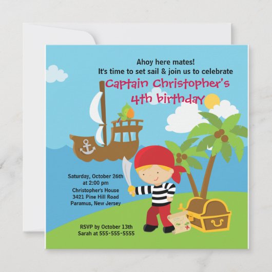 Pirate Ahoy Mates Birthday Party Invitation Boy Kaart (Voorkant)
