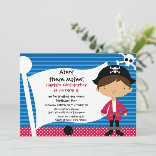 Pirate Ahoy Mates Birthday Party Invitation Boy Kaart (Staand voorkant)
