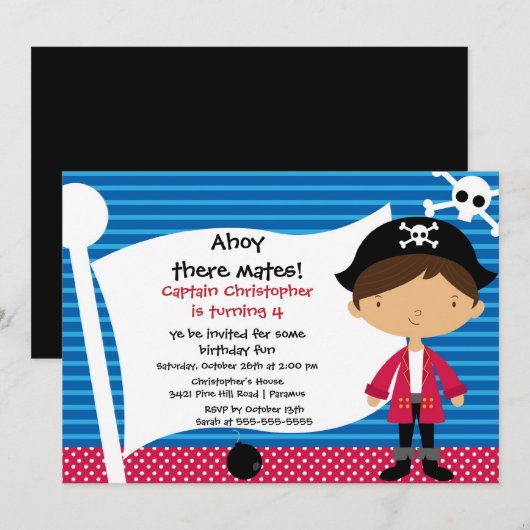 Pirate Ahoy Mates Birthday Party Invitation Boy Kaart (Voorkant / Achterkant)