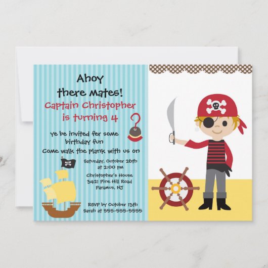 Pirate Ahoy Mates Birthday Party Invitation Boy Kaart (Voorkant)