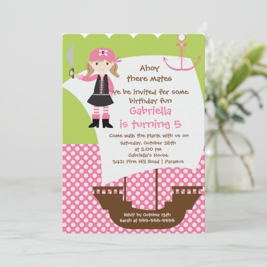 Pirate Ahoy Mates Birthday Party Invitation Girl Kaart (Staand voorkant)
