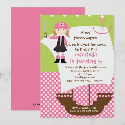 Pirate Ahoy Mates Birthday Party Invitation Girl Kaart (Voorkant / Achterkant)