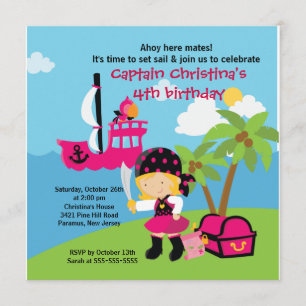 Pirate Ahoy Mates Birthday Party Invitation Girl Kaart