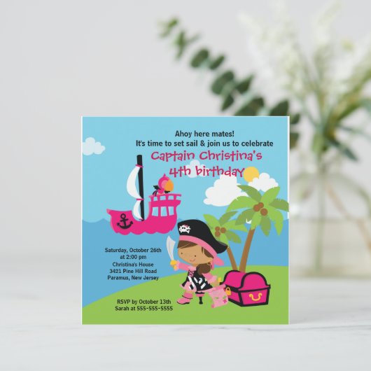 Pirate Ahoy Mates Birthday Party Invitation Girl Kaart (Staand voorkant)