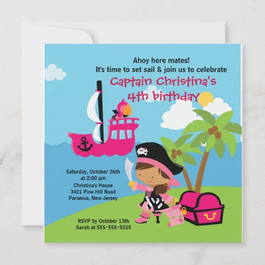 Pirate Ahoy Mates Birthday Party Invitation Girl Kaart (Voorkant)