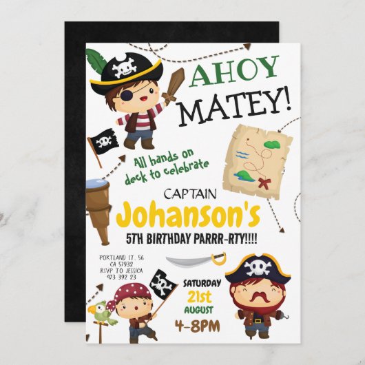 Pirate Ahoy Matey Jongen Verjaardagsfeestuitnodigi Kaart (Voorkant / Achterkant)