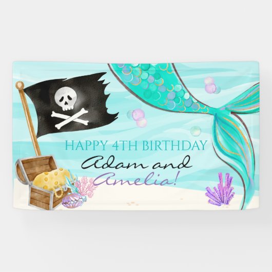 Pirate and Mermaid Tail joint Birthday Spandoek (Horizontaal)