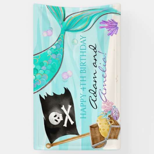 Pirate and Mermaid Tail joint Birthday Spandoek (Verticaal)