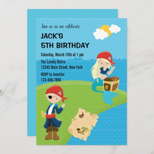 Pirate and Mermaid verjaardagsuitnodiging blauw Kaart (Voorkant / Achterkant)