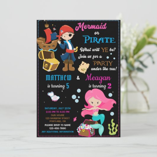 Pirate and Mermaid verjaardagsuitnodiging Twee the Kaart (Staand voorkant)