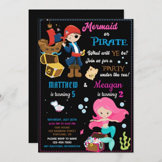 Pirate and Mermaid verjaardagsuitnodiging Twee the Kaart (Voorkant / Achterkant)