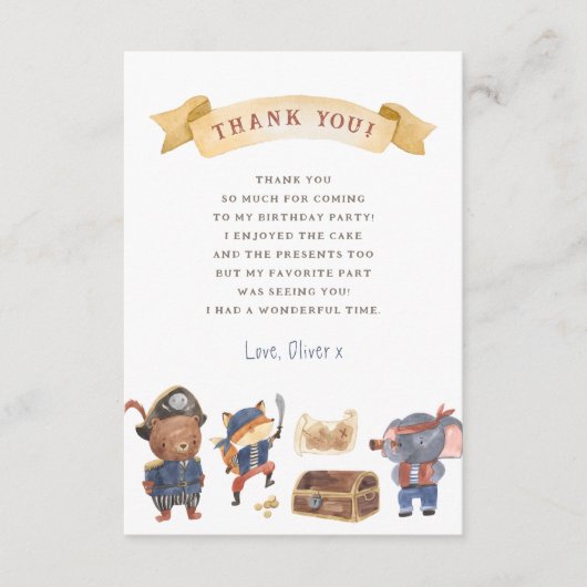 Pirate Animals Boy Verjaardagsfeestje Bedankkaart (Voorkant)