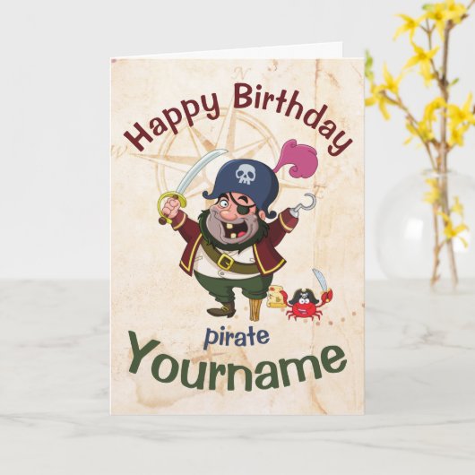 Pirate Birthday Bright Cheerful Cartoon Kaart (Gele Bloem)
