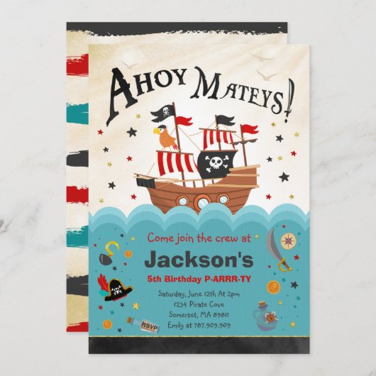 Pirate Birthday Invitation Ahoy Pirate Party Bash Kaart (Voorkant / Achterkant)