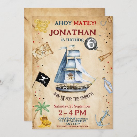 Pirate Birthday Invitation Kaart (Voorkant / Achterkant)