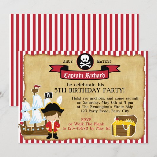 Pirate Birthday Invitation (met schip en kaart) Kaart (Voorkant / Achterkant)