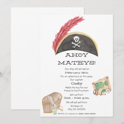 Pirate Birthday Invitation (Waterverf) Kaart (Voorkant / Achterkant)