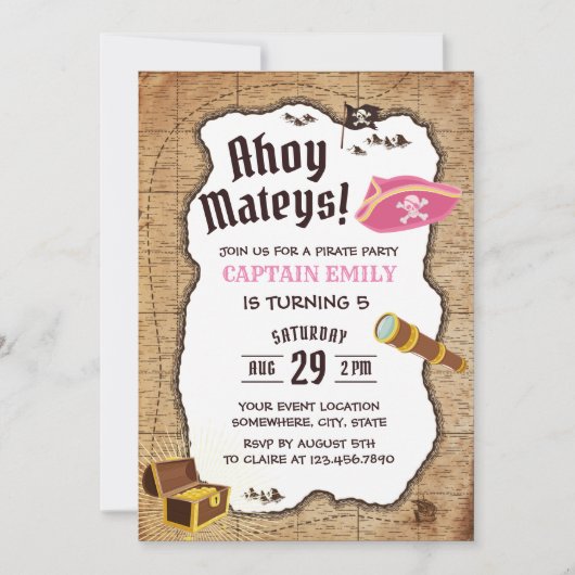 Pirate Birthday Party Girl Adventure Map Kaart (Voorkant)