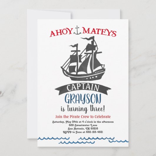 Pirate Birthday Party Invitation Modern Waterverf Kaart (Voorkant)