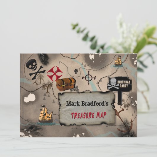 PIRATE BIRTHDAY PARTY INVITATION - TREASURE MAP KAART (Staand voorkant)