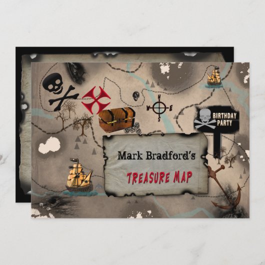 PIRATE BIRTHDAY PARTY INVITATION - TREASURE MAP KAART (Voorkant / Achterkant)